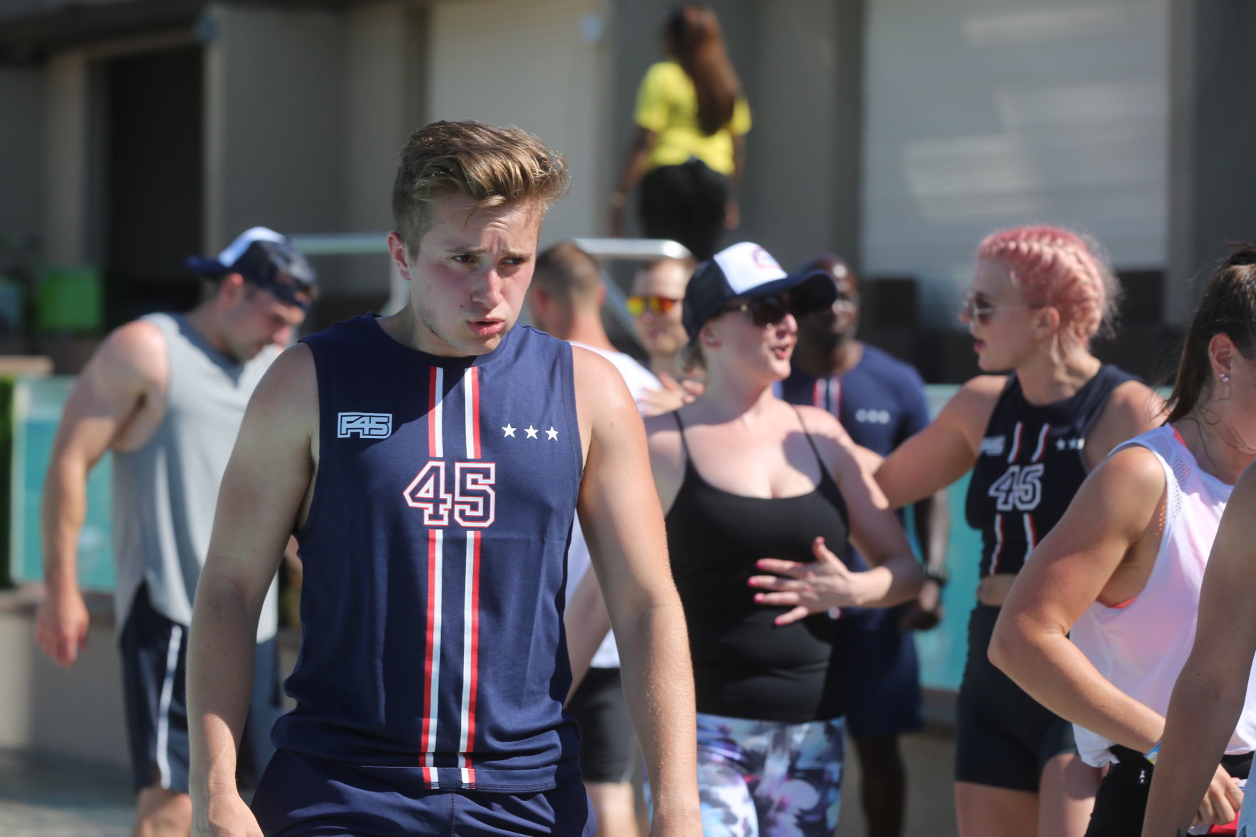 Actor Mark Wahlberg helps to lead a F45 track workout at Ocean Casino Resort in Atlantic City as part of the casino's one-year anniversary Saturday, June 22, 2019.